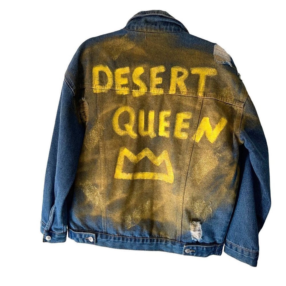 O & O Womens Denim Jacket Blue Size Medium M Hand Painted Pure Cotton Distressed